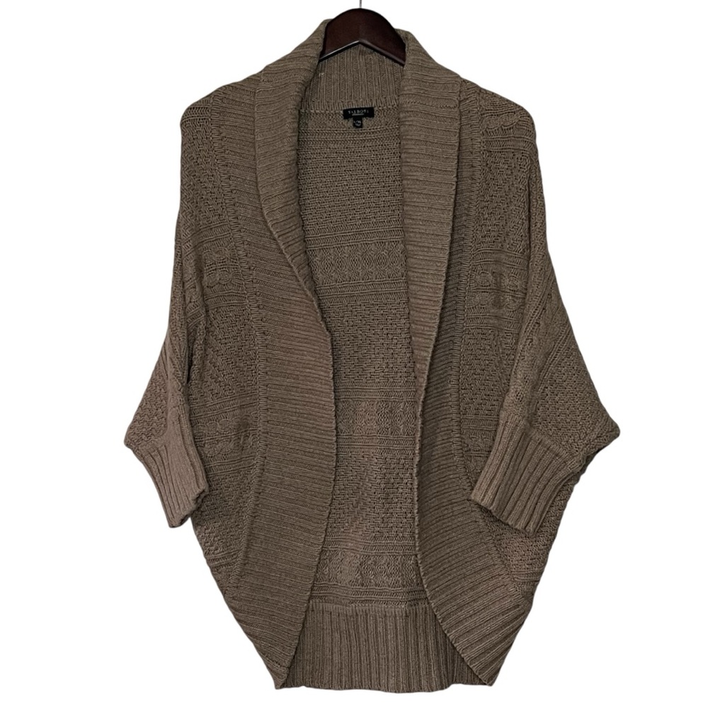 Talbots Open Front Cardigan Cable Knit Sweater 3/4 Sleeve Cotton Wool Size L/XL